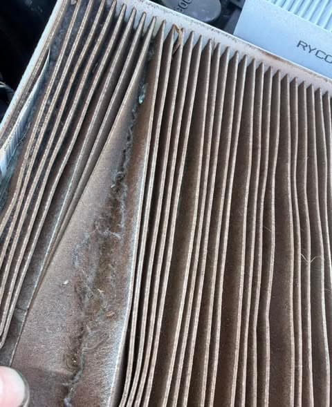 Close-up of a cabin filter with its pleats packed with grey dust and fluff.