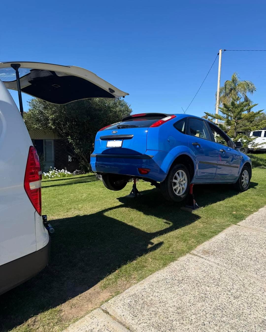 The blue Ford Focus raised on a stand on a back lawn with the work van's open tailgate in the foreground.
